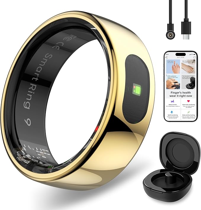 Smart Ring with Instant Notification Alerts & Gesture Control - Sleep Tracker Ring, Fitness Ring for Steps & Heart Rate, IP68 Waterproof (Gold, 9)