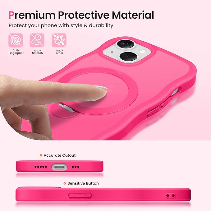 CAPRARO for iPhone 13 Case & iPhone 14 Case with 360° Spin Magnetic Stand for Women, [Compatible with MagSafe] [Camera Protection] Cute Wave Translucent Matte Case for iPhone 13/14, Hot Pink