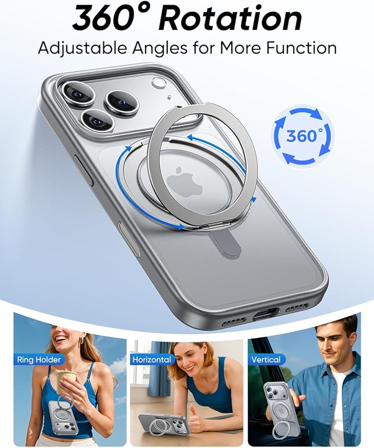 MAGIC JOHN 360° Rotatable Magnetic Invisible Stand for iPhone 17 Pro Case [Camera Control Button] [Compatible with MagSafe] 16FT Shockproof for iPhone 17 Pro Case with Kickstand, Gray