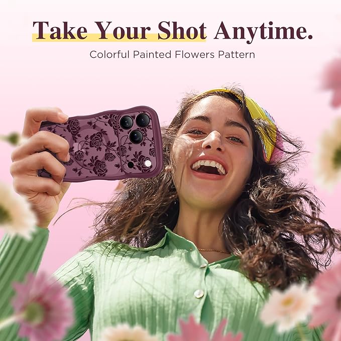 GVIEWIN for iPhone 17 Pro Max Case Compatible with MagSafe [Curly Wave Edge][Full Camera Protection] Floral Translucent Shockproof Magnetic Women Phone Case for 17 Pro Max, Filigree Rose/Burgundy