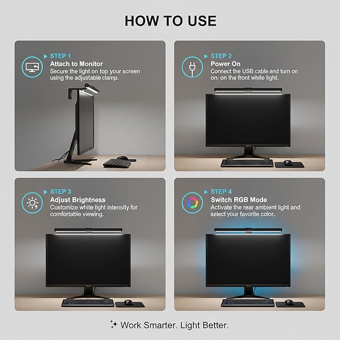 Monitor Light Bar with Touch Control, RGB Desk Lamp Full Spectrum Screen Lamp, Glare-Free Low Blue Light Monitor Lamp with Memory Mode, USB Powered for Gaming, Office & Work
