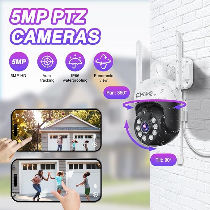 CKK 2K Security Camera Wireless Outdoor, 2.4G/5G Wireless, 360 Degree PTZ, PIR Motion Detection, Color Night Vision, 2-Way Talk, IP66 Waterproof, Audible & Floodlight Alarm for Home, Garage and Yard