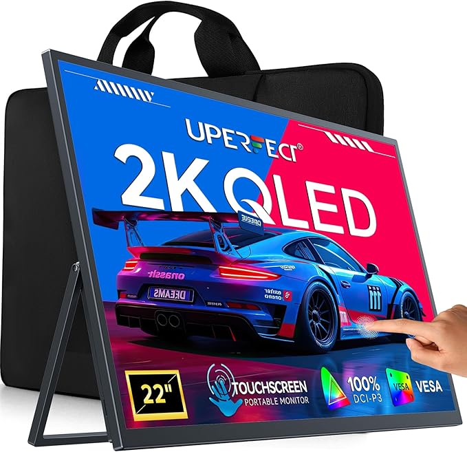 UPERFECT Portable Monitor Touchscreen 2K QLED, 22" Gaming Monitor w/VESA & 180° Adjustable Stand, 2560×1440 QHD FreeSync HDR, 100% DCI-P3, USB-C HDMI Travel Second Monitor for Laptop, PC, Game Console