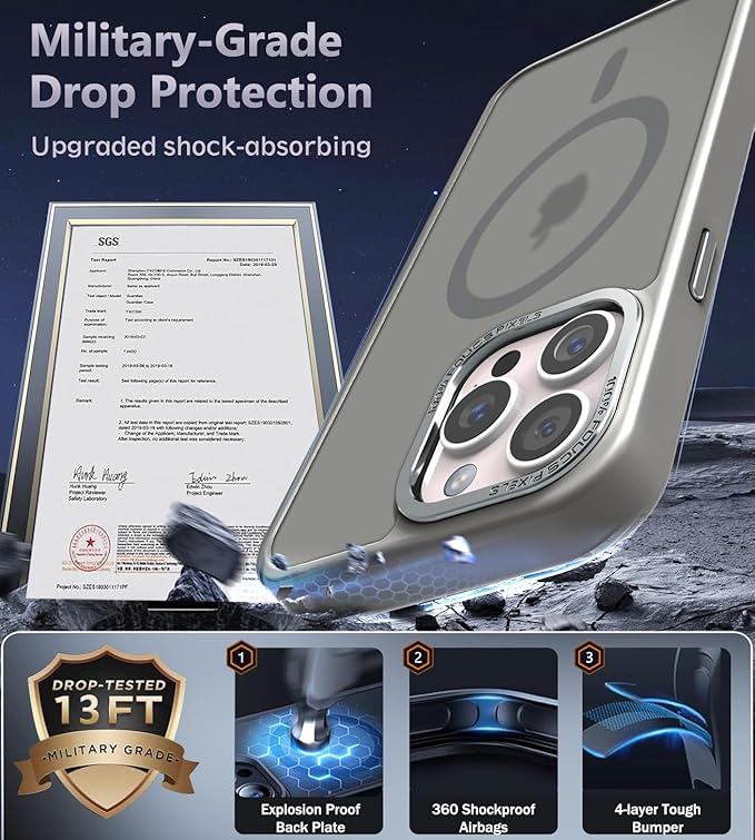 Newfuture Designed for iPhone 14 Pro Case with Magnetic [13 FT Military Drop Protection] [Compatible with Magsafe] Slim Translucent Matte Shockproof with Anti-Fingerprint Phone Case, Titanium Gray