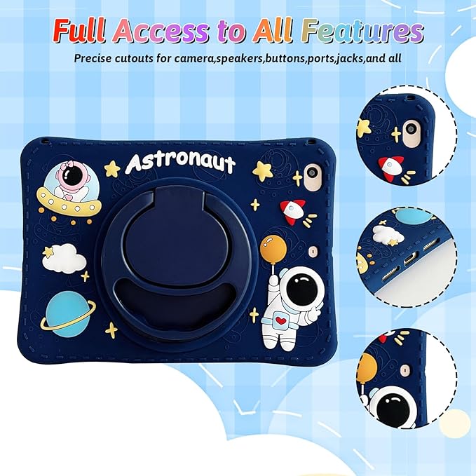 Dteck for iPad 9th/8th/7th Generation Case 10.2",Cute Cartoon Funda 3D Unique Design Light Rotating Handle Stand Shoulder Strap Soft Silicone Drop Rugged Shockproof Protective Kid-Proof Case,Spaceman