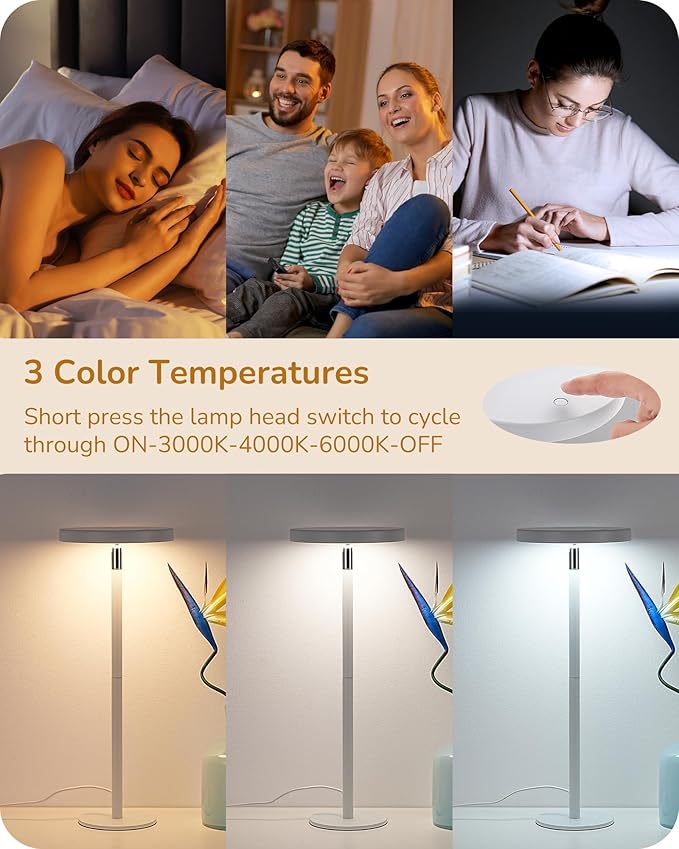 EDISHINE LED Table Lamp with 2 Adjustable Height, 5%-100% Dimmable & 3 Color Temperature, Touch Control, Modern Desk Lamp for Home Office, Living Room, White