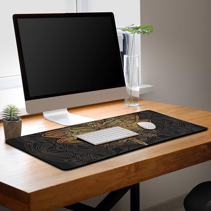 Gaming Desk Mats Gold, Desk Mouse Pad Extra Large Mouse Pads, Pad for Mouse Non-Slip Rubber Base Waterproof with Stitched Edges, 35.4 X 15.7 inch for Work/Game/Office/Home Dragonfly Mandala