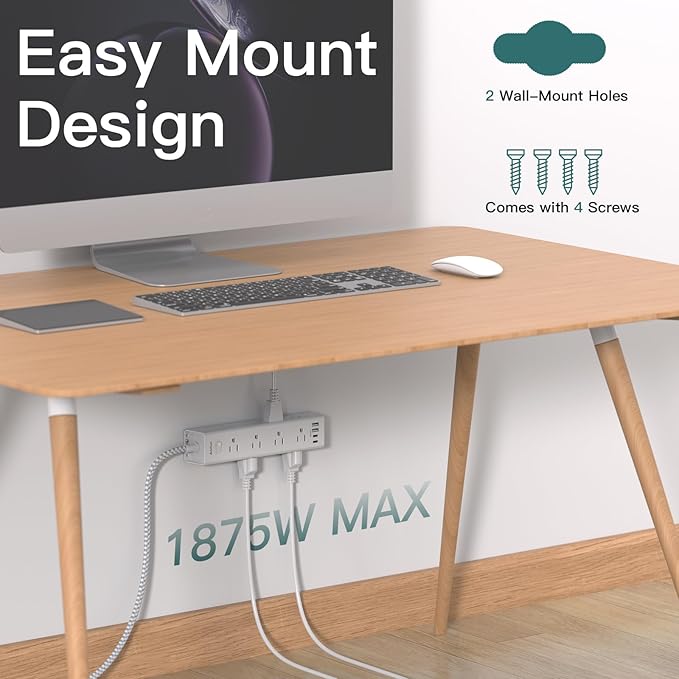Addtam Power Strip Surge Protector with 12 AC Outlets & 4 USB Ports, 5FT Extension Cord, Flat Plug, Wall Mount, 1050J Overload Protection, Desk Charging Station for Home Office, ETL Listed, White