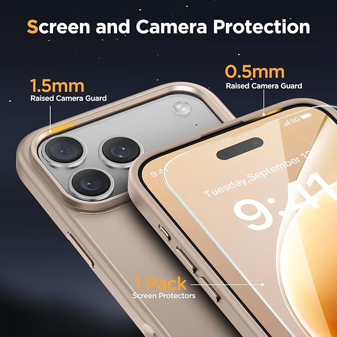 Miracase Magnetic for iPhone 17 Pro Case 6.3" with Screen Protector, [Compatible with MagSafe] Military-Grade Protection, Anti-Fingerprint, Slim Thin Phone Case for 17 Pro Cover, Khaki Gold