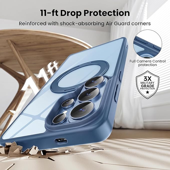360°Ring Stand for Samsung Galaxy S26 Ultra Case with 1X Screen Protector +1X Camera Cover,Fit for MagSafe, Anti-Yellowing & Scratch-Resistant Back Phone Case for Galaxy S26 Ultra 6.9", Clear Blue