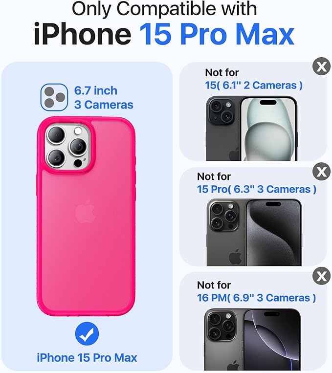 for iPhone 15 Pro Max Case, [Military-Grade Drop Protection][Anti-Yellowing] Shockproof Protective Translucent Matte Cover for iPhone 15 Pro Max Phone Case,Hot Pink