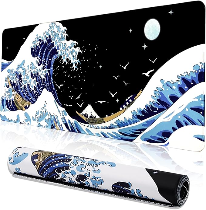 MEWOOCUE® Gaming Mouse Pad for Desk,Large Wave Mousepad Laptop,Black Japanese Anime Mouse Mat,Long XXL Waterproof Keyboard Pads,Big Non-Slip Mousepads for Game Office Home（35.4 x 15.7 in）