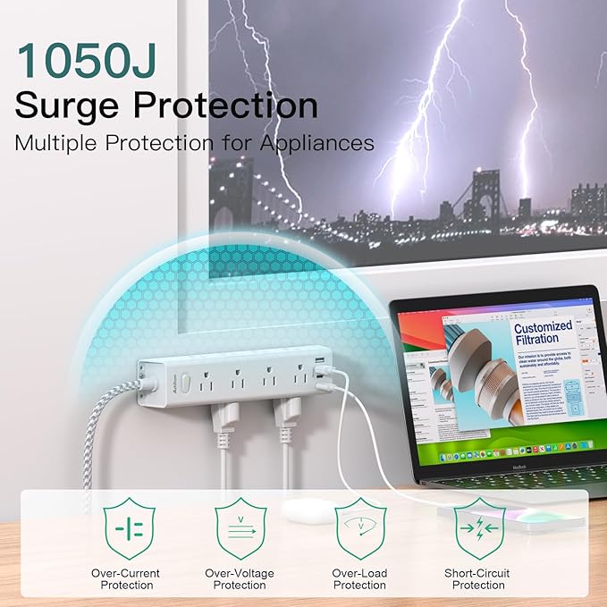 Surge Protector Power Strip - 10 FT Extension Cord, Power Strip with 12 Widely AC Outlet 4 USB, Flat Plug Wall Mount Overload Protection, 1050J, Desk Charging Station for Home Office, ETL Listed,White