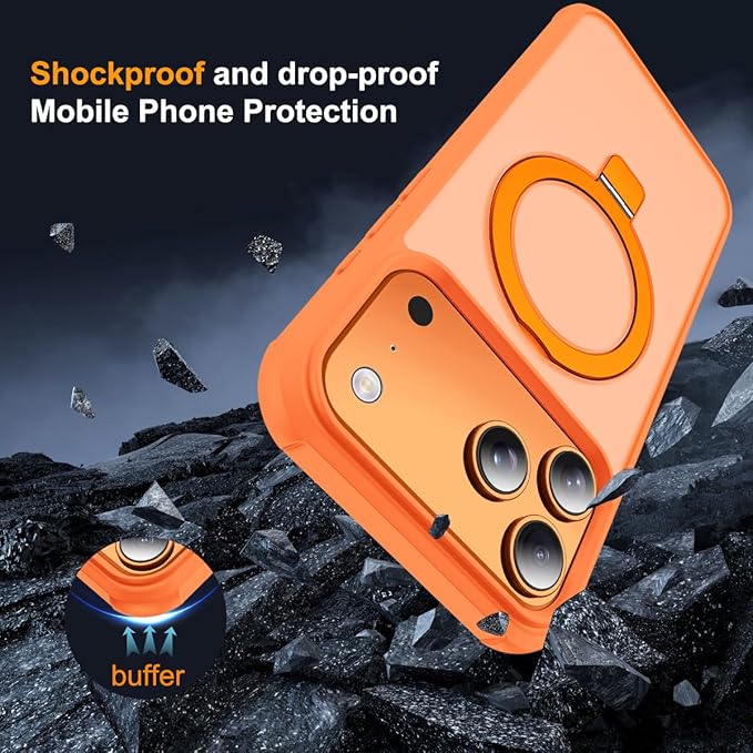 SKYLMW Compatible with iPhone 17 Pro Max Case with Invisible Magnetic O-Ring Stand Military-Grade Translucent Case for iPhone 17 ProMax 6.9" [Compatible with Mag-Safe][Great Grip Feeling],Orange