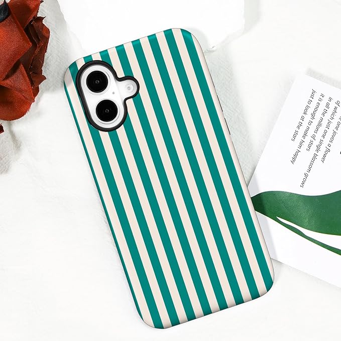 Magnetic for iPhone 17 Case Cute Stripes Phone Case, Shockproof Slim TPU and Hard PC Protective Phone Cover Compatible with MagSafe Designed for Women Girls, Emerald Green