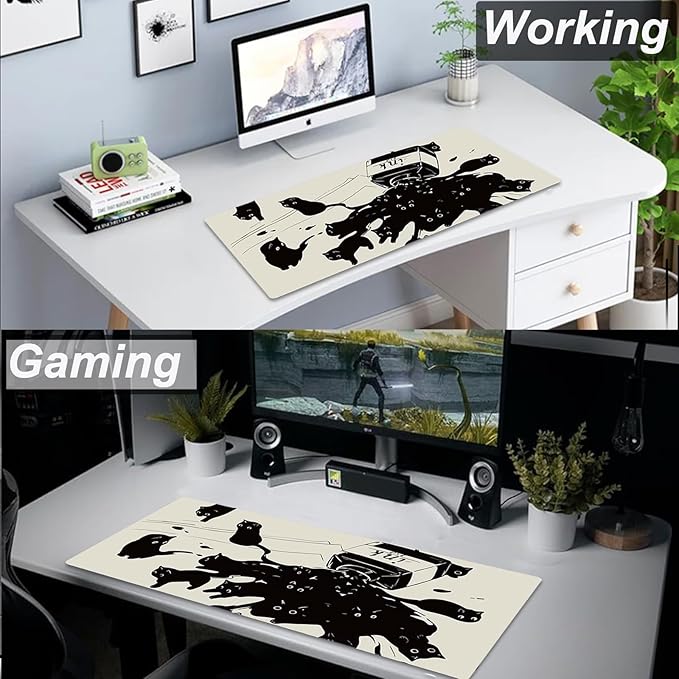 Gaming Mouse Pad XL Extended Anime Mouse Pad 31.5x11.8 inch, Large Cute Kawaii Big Computer Mouse Mat Desk Pad with Non-Slip Rubber Base and Stitched Edge for Home Office-Black Ink Cat