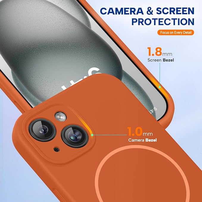 Miracase Magnetic for iPhone 15 Case, [Soft Anti-Scratch Microfiber Lining], Compatible with MagSafe, Liquid Silicone Case Shockproof Drop Protection Phone Case for 15,Orange