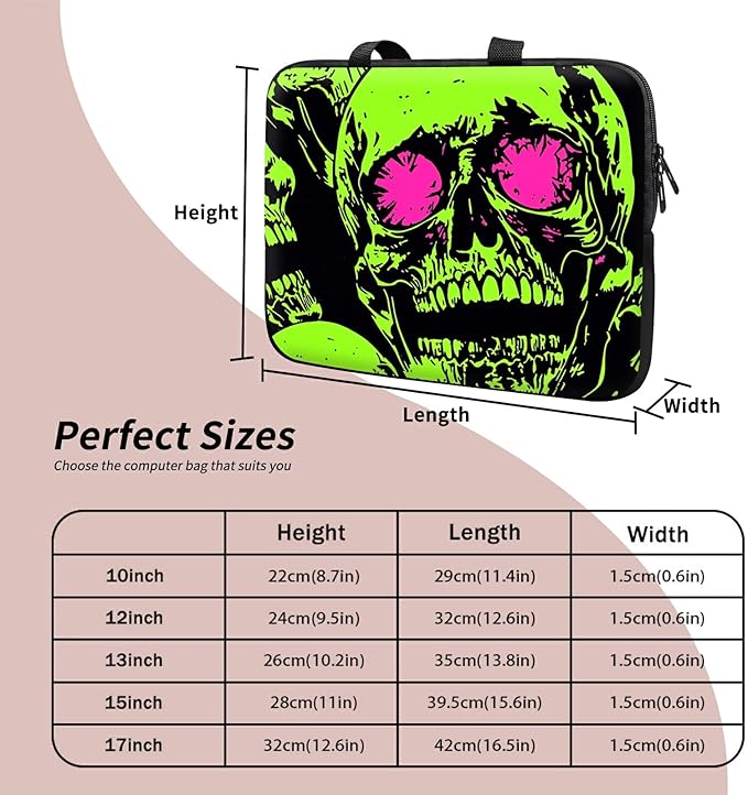Laptop Sleeve Case Bag 15 inch, Neon Green Skull Slim Carrying Case Handbag Travel Laptop Bag for 15 inch MacBook Air M3/M2/15 Pro/Surface Laptop 7/6/5/4/3/ Dell XPS 15 Plus
