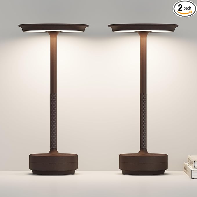 Rechargeable Cordless Table Lamps, LED Portable 5000mAh USB Battery Table Light with Memory Function,3 Color Stepless Dimming for Outdoor Travel, Restaurant, Cafe(2P Rust)