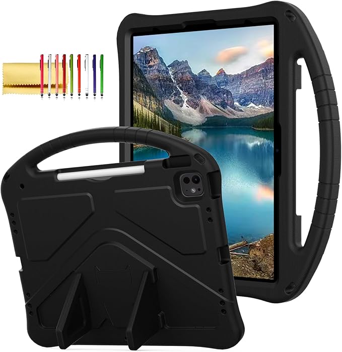 Dteck for iPad Air 11 Inch M2 2024/iPad Pro 11 inch 2024 M4 Kids Case with Pencil Holder, Kiddie Lightweight Shockproof Full-Body Handle Stand EVA Tablet Protective Girl Boy Kids Friendly Case,Black