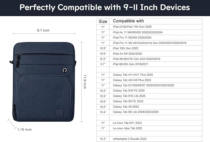 Dadanism 9-11" Tablet Sleeve Bag with Shoulder Strap for iPad (A16) 11", iPad Air M4 Pro M5 11", iPad 10th Gen 10.9", iPad 9/8/7th Gen 10.2", Galaxy Tab A11+ Plus 11", reMarkable 2 10.3",Dusty Blue