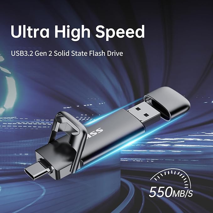 SSK 256GB Dual USB C Flash Drive, 2-in-1 Type C+ USB A 3.2 Gen2 Solid State Thumb Drive,Speed Up to 550MB/s Memory Stick Data Storage for iPhone 15, Android Phone,Tablet,MacBook,Windows