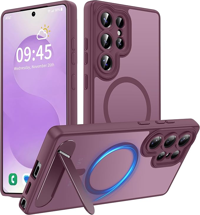 Magnetic for Samsung Galaxy S25 Ultra Case, [Compatible with MagSafe][Full Camera Protection][Built-in Invisible Kickstand] Translucent Matte Phone Case for S25 Ultra 6.9" - Wine Red