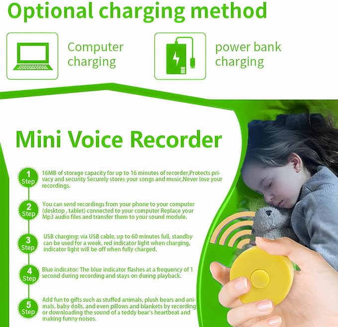 16 Minutes Voice Recorder, Record Custom Message for Crafts, Stuffed Bear, Baby Doll, and Pillow (2Pack + Yellow)