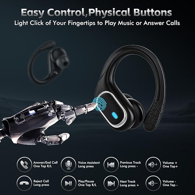 HAOYUYAN Wireless Earbuds Bluetooth 5.3 Headphones with 80H Playback, IPX7 Waterproof Over Ear Buds with LED Power Display for Sports Running Workouts Gray Black