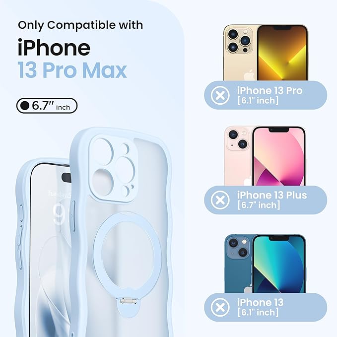 CAPRARO for iPhone 13 Pro Max Case with 360° Spin Magnetic Stand for Women, [Compatible with MagSafe] [Full Camera Protection] Cute Wave Translucent Matte Case for iPhone 13 Pro Max, Light Blue