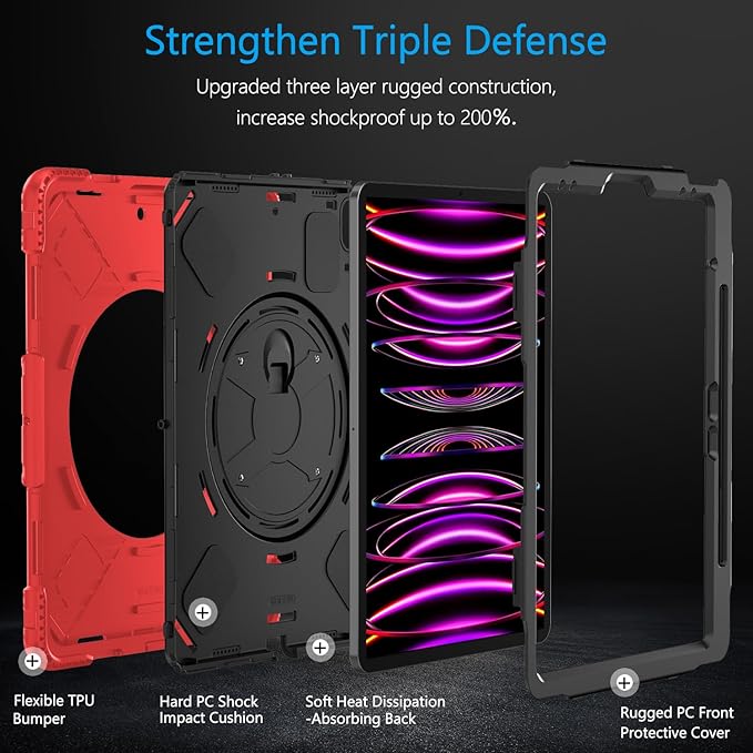 Miesherk Case for iPad Pro 12.9 Inch 6th/5th/4th Generation, Military Grade Heavy Duty Shockproof iPad Pro 12.9 Case - Rotating Stand, Pencil Holder, Hand/Shoulder Strap, Black+Red