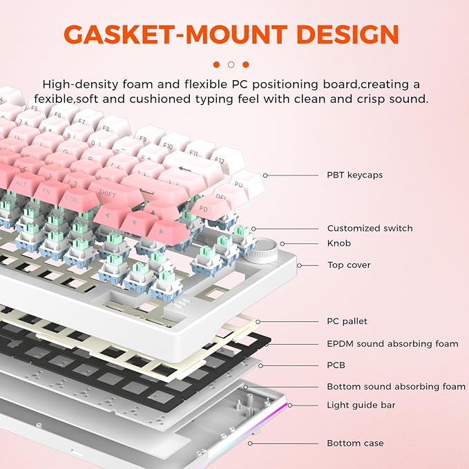 DAREU EK75PRO Sakura Pink Wireless Mechanical Keyboard,75% Hot Swap Creamy Gaming Keyboard with Knob,RGB Backlit,Gasket Custom Structure,Side Printed PBT Keycaps,2.4Ghz/BT5.1/USB-C, for Win/MAC