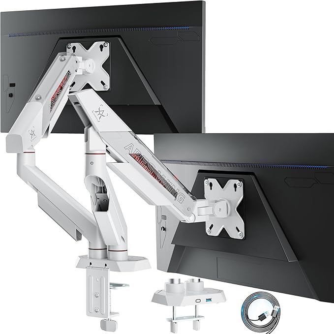 ARES WING Heavy Duty Dual Monitor Arm, Fully Adjustable Monitor Mount for 17-35 Inch Flat Curved Ultrawide Screens Up to 26.5lbs with USB A/C, C-Clamp & Grommet Base, 75/100 Vesa Mount, White