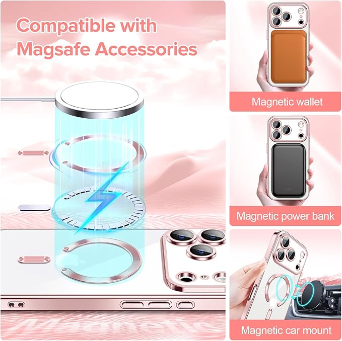 Hython Magnetic Clear for iPhone 17 Pro Max Case with Camera Lens Protector [Compatible with MagSafe] Plating Edge Slim Soft TPU Cover Protective Phone Case for iPhone 17 Pro Max 6.9", Pink