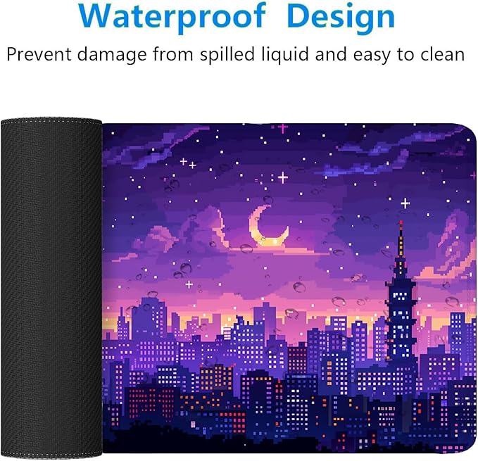 Japanese Anime Gaming Mouse Pad Pixel City Skyline Neon Large Gaming Mouse Mat with Stitched Edges,Non-Slip Waterproof Rubber Base Mous Mat 31.5"x11.8" Office Computer Keyboard Laptop Home