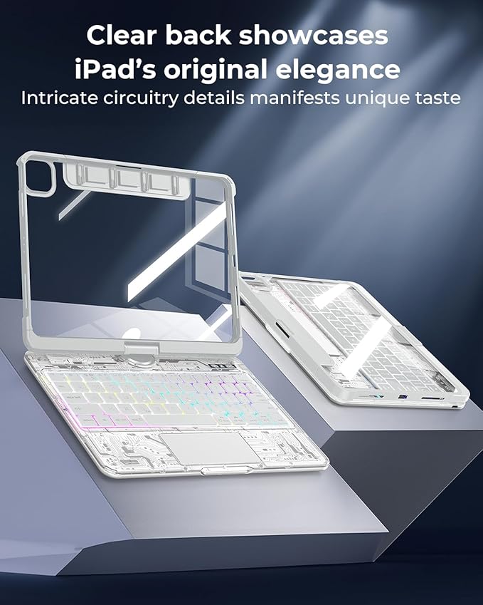 TSQQST Clear Keyboard Case for iPad Air 11 Inch (M4/M3/M2, 2026/2025/2024)/ iPad Air 5th/4th Generation 10.9" / iPad Pro 11" 1st/2nd/3rd/4th, Trackpad, Pencil Holder, 7-Color Backlit, Rotatable, White
