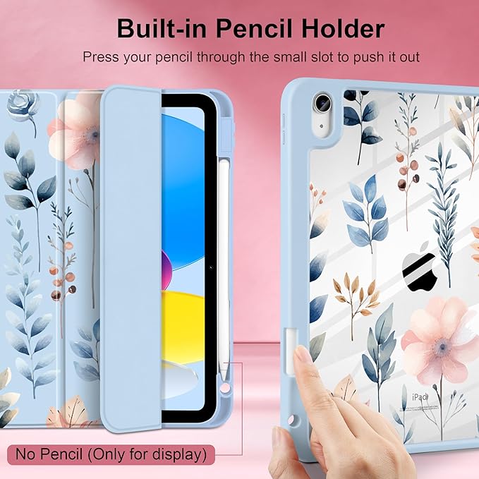 Case for iPad Air 11 inch M4 2026 M3 2025 M2 2024 Release with Pencil Holder Clear Back Shell Blue Lightweight Shockproof TPU Edge Trifold Stand Auto Wake Sleep Cute Cover, Hand-Drawn Leaves