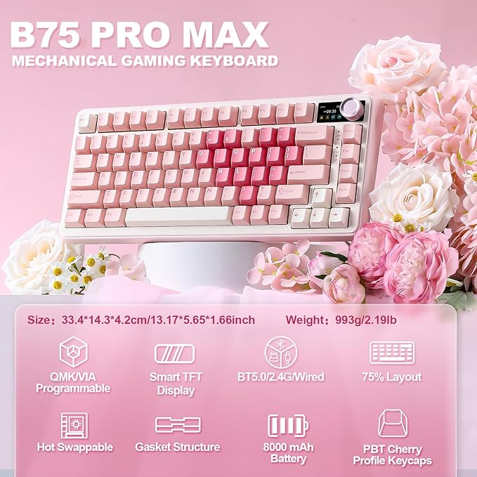 YUNZII B75 PRO MAX QMK/VIA Wireless Mechanical Keyboard,75% Layout with Screen and Knob,Custom Hot Swap Gasket,Creamy Pre-lubed Switches,Bluetooth/Type-C/2.4G for Win/Mac (Pink Heart,Milk V2 Switch)