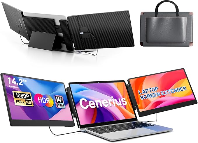 14.2" Laptop Screen Extender, FHD 1080P IPS Portable Monitor for Laptop, Triple Screen Monitor Extender Compatible with 13"-17" Laptops, HDMI/USB-A/C Plug&Play for Windows, Mac, Android