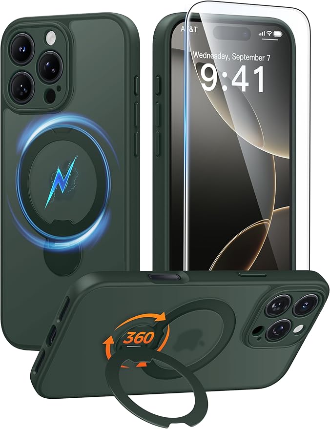 FNTCASE for iPhone 16 Pro-Max Case: [360 Spin Magnetic Stand] [Compatible with Magsafe] [Screen Protector] Translucent Matte Military Grade Shockproof Full Camera Protective Phone Cover - Green
