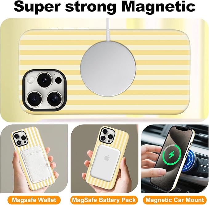 Magnetic for iPhone 14 Pro Case Cute Stripes Phone Case, Shockproof Slim TPU and Hard PC Protective Phone Cover Compatible with MagSafe Designed for Women Girls, Yellow