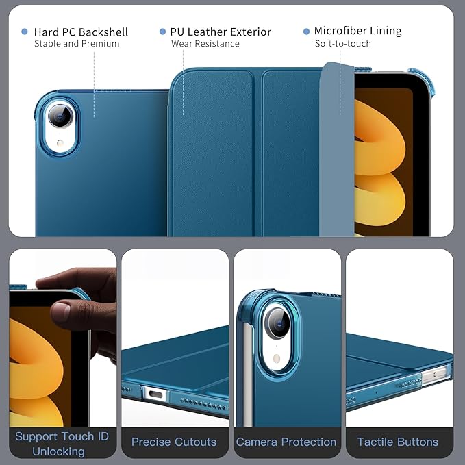 MoKo for iPad mini 7 (A17 Pro) Generation Case 2024, iPad mini 6 Case 2021, 8.3-inch Slim Lightweight Protective Hard Back PC Shell Stand Cover Support Touch ID, Auto Wake/Sleep, Peacock Blue