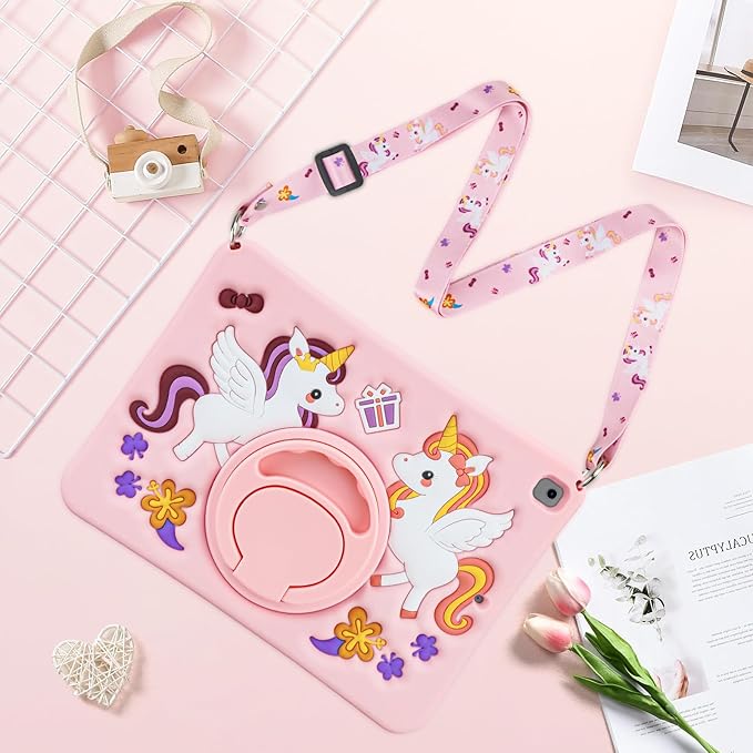 HianDier for iPad 9th Generation Case/iPad 8th Generation Case/iPad 7th Generation Case Cute Unicorn Silicone Tablet Cover with Detachable Strap and Rotatable Stand Shockproof Cover-Pink
