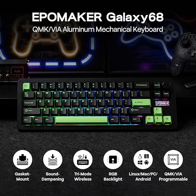 EPOMAKER Galaxy68 QMK/VIA Wireless Mechanical Keyboard, Anodized Aluminum, TOP/Gasket, 6000mAh, RGB Side/Backlight, 65% Gaming Keyboard with Hot-Swap Creamy Switch (Black, Marble White Switch)