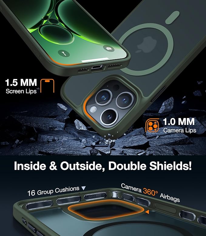 TORRAS Magnetic Shockproof for iPhone 15 Pro Case, [Military-Grade Drop Tested][Compatible with MagSafe] Translucent Hard PC Back with Silicone Slim Protective Cover Anti-Fingerprint, Green