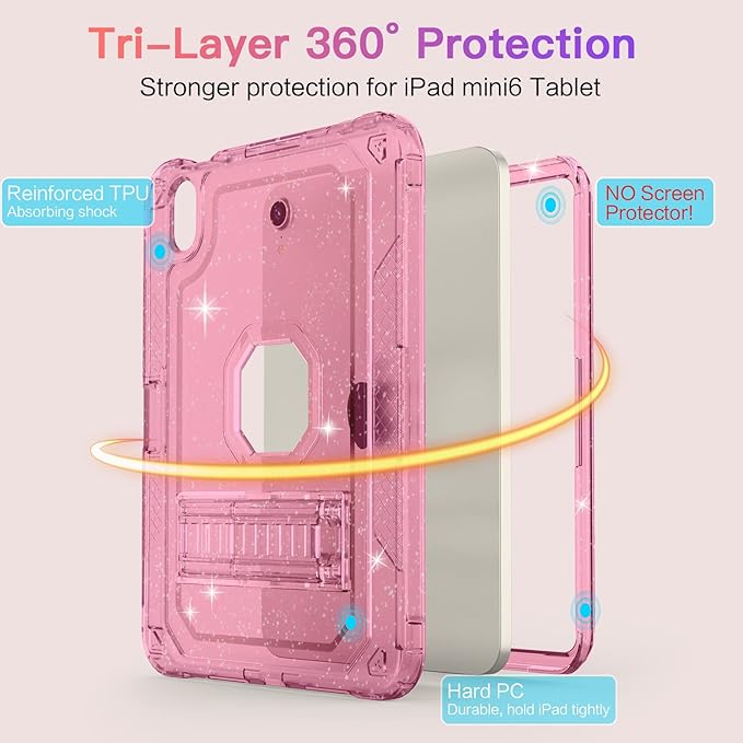 ZoneFoker Case for iPad mini A17 Pro, for iPad mini 7th/6th Generation Case 8.3 inch 2024/2021 with Pencil Holder/Stand, Slim Cover for i Pad Mini 7/6 (Clear Glitter Pink)