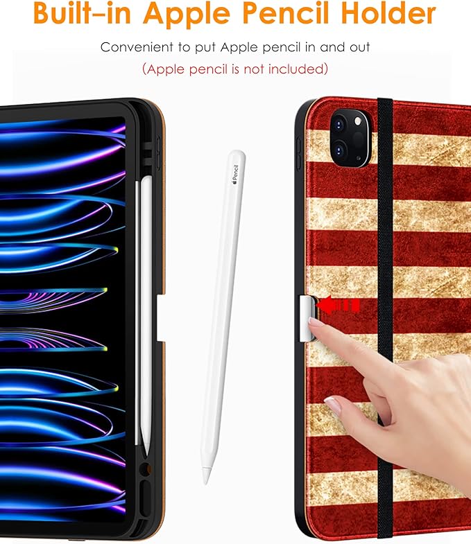 DTTO for iPad Pro 12.9 6th / 5th / 4th / 3rd Generation Case 2022/2021/2020/2018, Premium Leather Folio Stand Cover with Built-in Pencil Holder -Auto Wake/Sleep and Multi Viewing Angles,US Flag