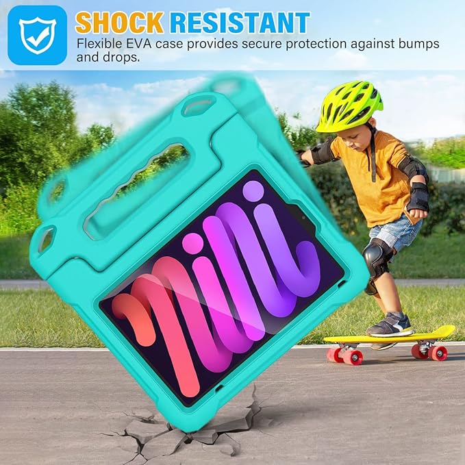 SUPLIK Kids Case for iPad mini 7 (A17 Pro) 2024 & Mini 6 2021, iPad mini 6th/7th Generation Case with Screen Protector, Durable Shockproof Handle Stand Cover for 8.3-inch iPad mini 6/7 Gen, Cyan