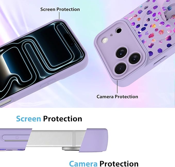 KANGHAR Compatible with iPhone 17 Pro Case, Support for MagSafe, Silicone Cute Iridescent Pattern Leopard Print Cheetah, Wristband Kickstand Shockproof Soft Slim Cover for Girls Women, Purple