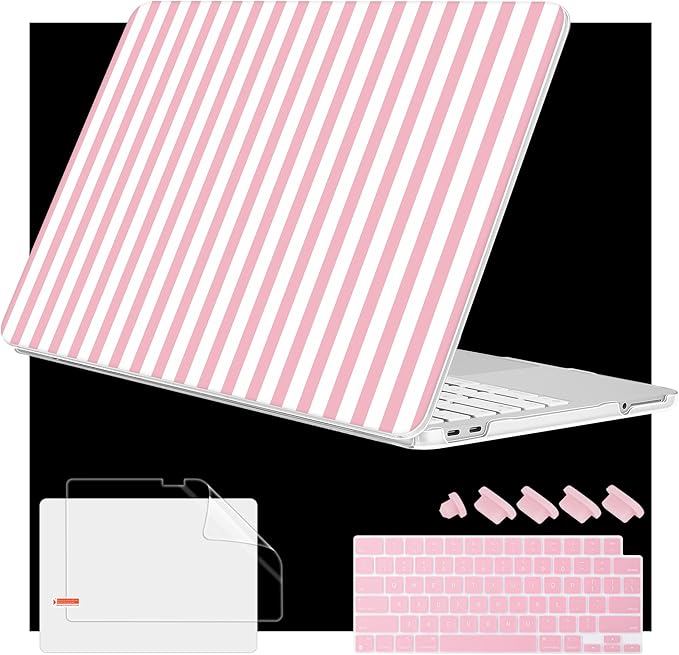 Case for 2026 MacBook Neo 13-inch Laptop with Liquid Retina Display, Release Model A3404, Sturdy Plastic Hard Shell Case + Keyboard Cover + Trackpad Film + Dust Plug, Pink & White Stripes